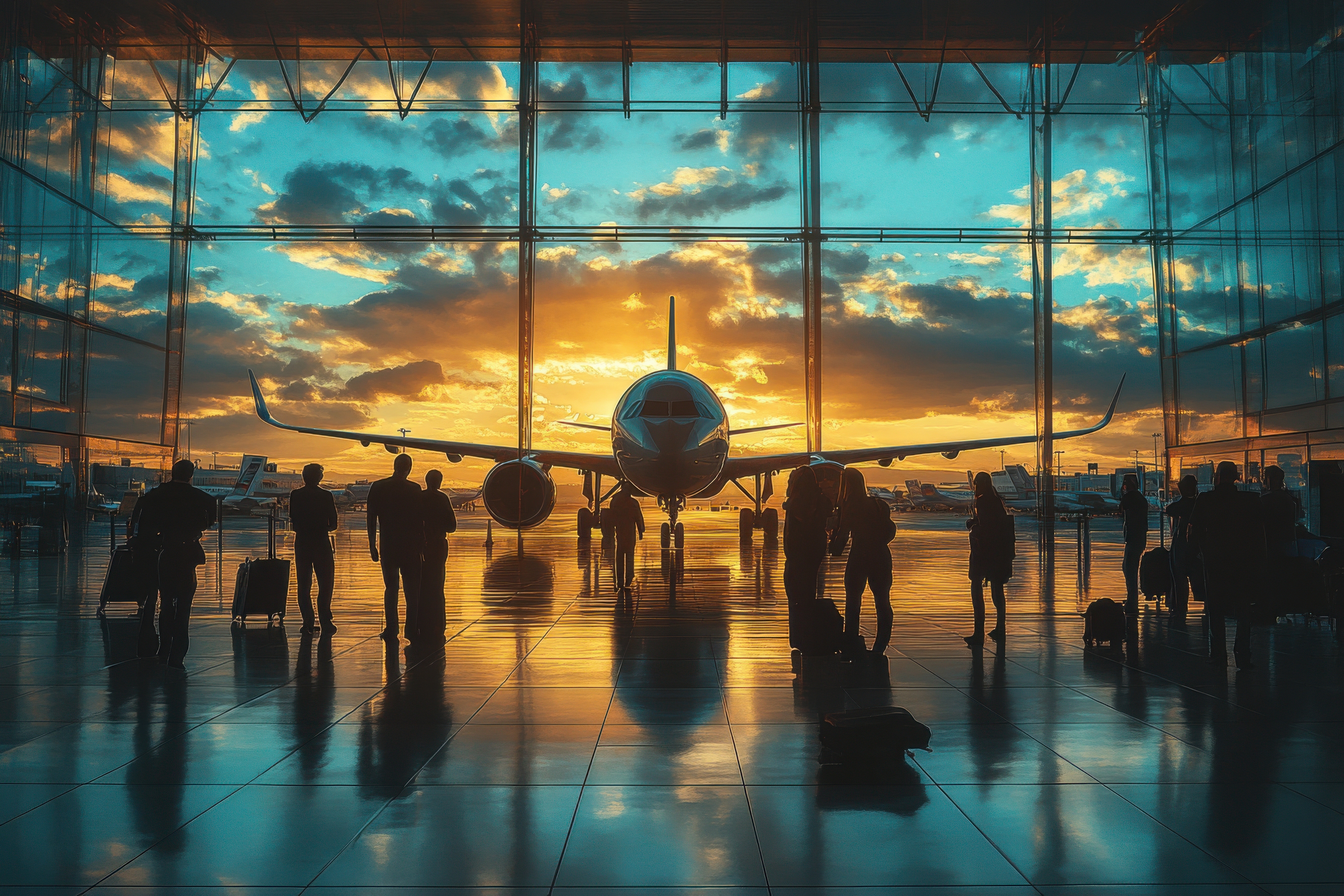 Reizigers met koffers in een luchthaventerminal bij zonsondergang – Taxi Amber verzorgt luchthaven vervoer